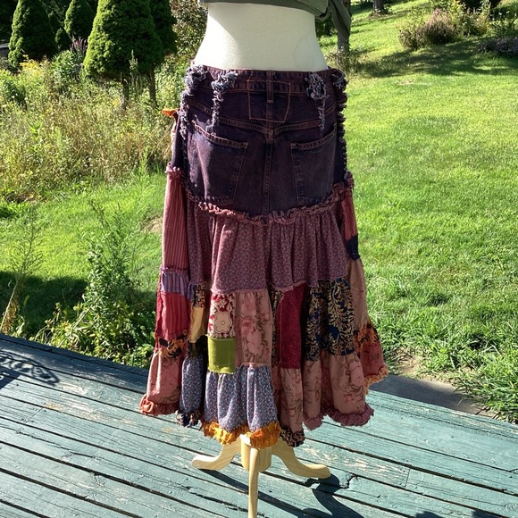 Upcycled Boho Tiered Jean Top Ruffled Hem Raw Edge Patchwork Midi Skirt Med to L - Picture 5 of 15